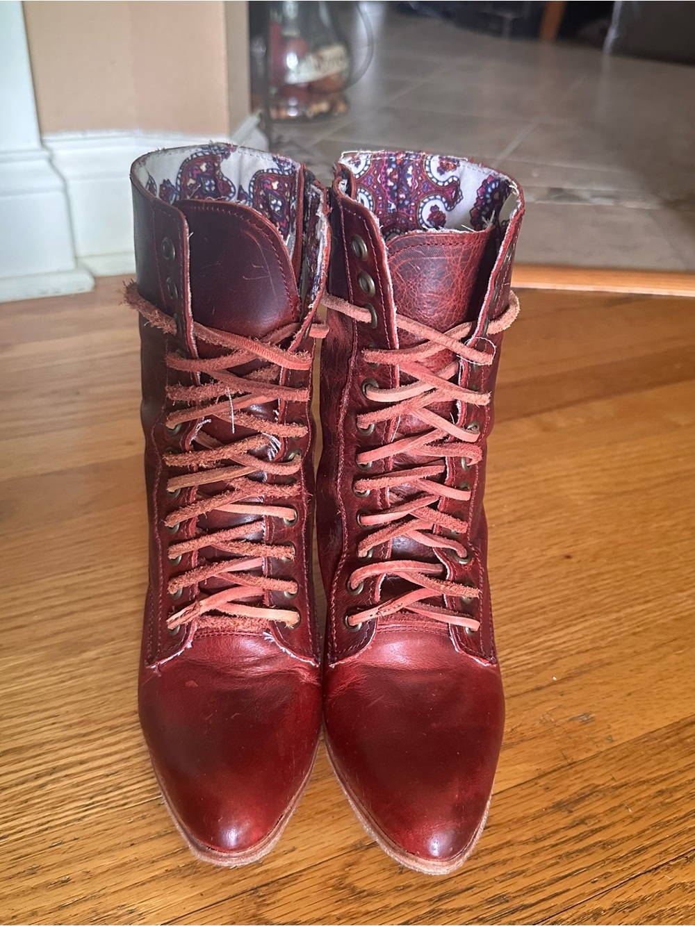 Freebird by Steven Rebel Lace-Up High Ankle Boots in Burgundy/wine booties.
